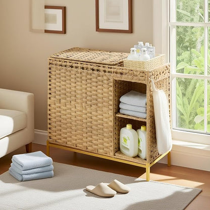 Laundry Hamper with Lid, 110L Rattan Laundry Hamper 2 Section with 50L Storage - Image 9