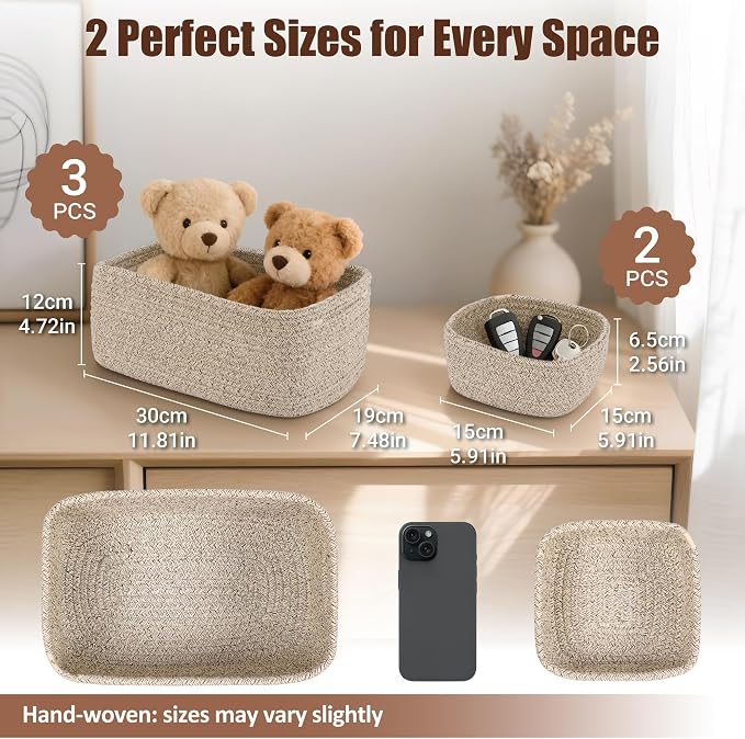 5-Pack Small Woven Rope Storage Baskets, 2 Sizes Organizer Bins | Fabric Cube - Image 2