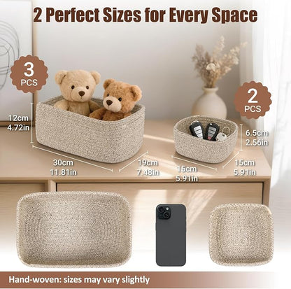 5-Pack Small Woven Rope Storage Baskets, 2 Sizes Organizer Bins | Fabric Cube - Image 2