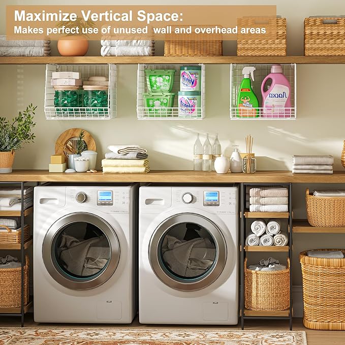 3 Pack Screw Mount Under The Wooden Shelf Laundry Room Organizer: Foldable Wire - Image 5