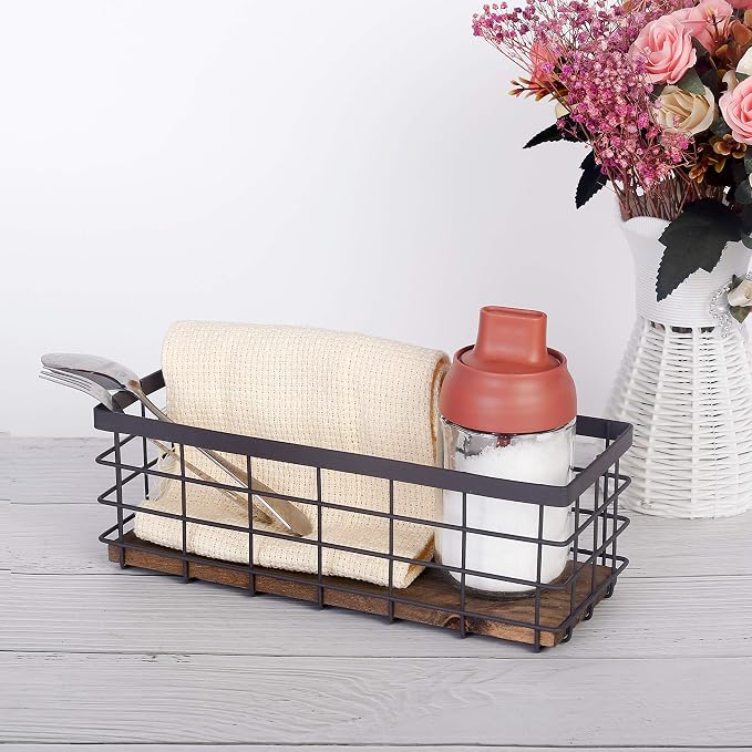 TIEYIPIN Small Metal Wire Storage Basket, Detachable Wood Base Storage - Image 2