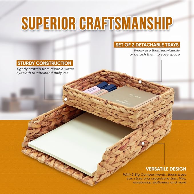 HAMOTOPI Desk Organizer Letter Tray Set of 2, Woven Water Hyacinth Tabletop - Image 3