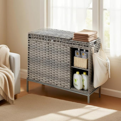 Laundry Hamper with Lid, 130L Rattan Laundry Hamper 3 Section with 50L Storage - Image 9