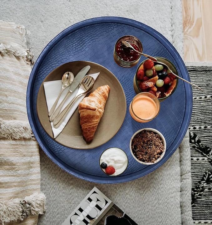 HofferRuffer Round Serving Tray 20'', Elegant Faux Leather Circle Ottoman Table - Image 4
