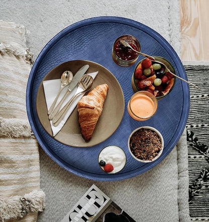 HofferRuffer Round Serving Tray 20'', Elegant Faux Leather Circle Ottoman Table - Image 4