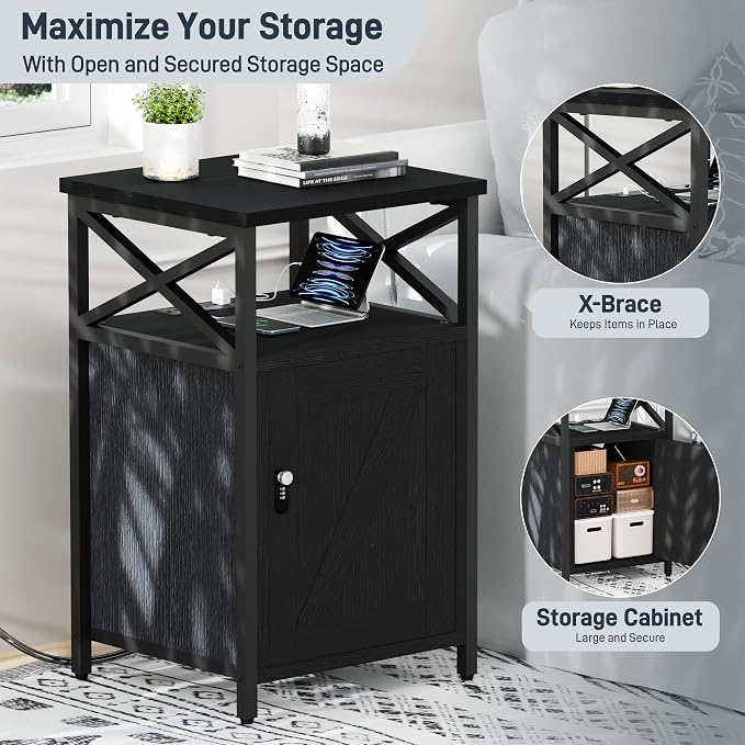 Night Stand Set 2 with Charging Station and Lock, Wooden Nightstands, Lockable - Image 8
