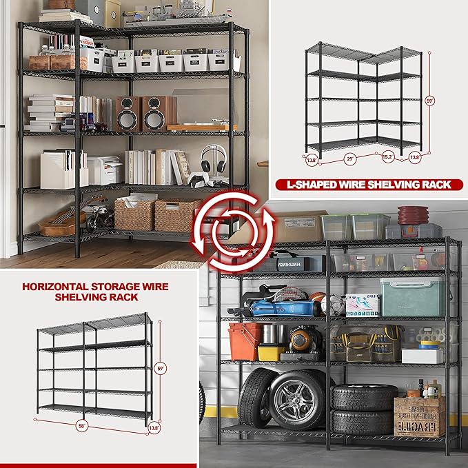 REIBII 1450LBS Metal Shelving Unit Storage Shelves 5 Tier Wire Shelving 58.1''W - Image 6