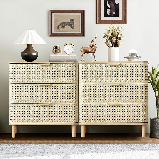 ORRD 3 Drawer Dresser Set of 2, Modern Iron Rattan Cabinet Dresser - Image 8