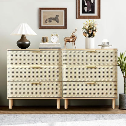 ORRD 3 Drawer Dresser Set of 2, Modern Iron Rattan Cabinet Dresser - Image 8