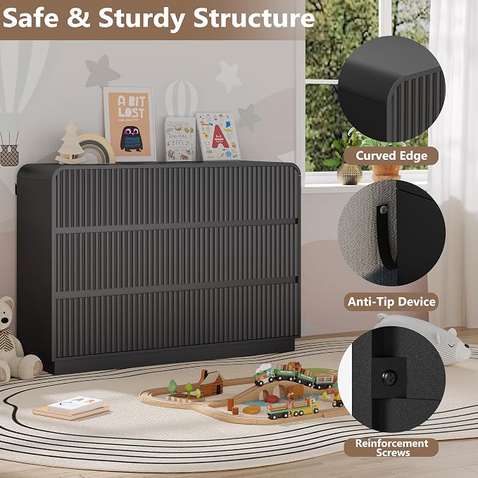Dresser for Bedroom with 6 Drawers, Fluted Chest of Drawers with Round Curved - Image 4