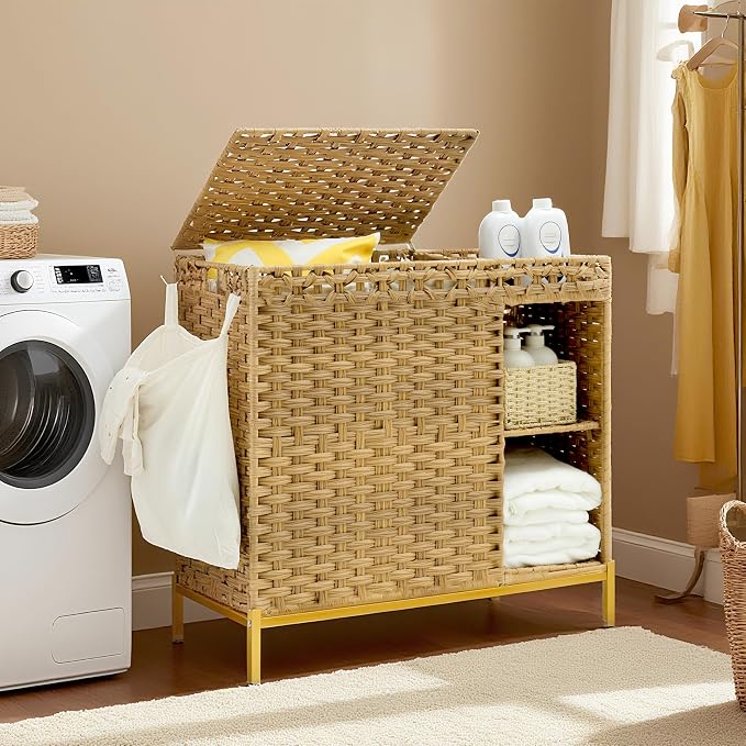 Laundry Hamper with Lid, 110L Rattan Laundry Hamper 2 Section with 50L Storage by Gitelnour