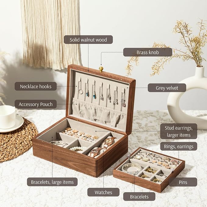 Wooden Jewelry Box, Two Layer Medium Size Real Natural Solid Walnut Wood - Image 5
