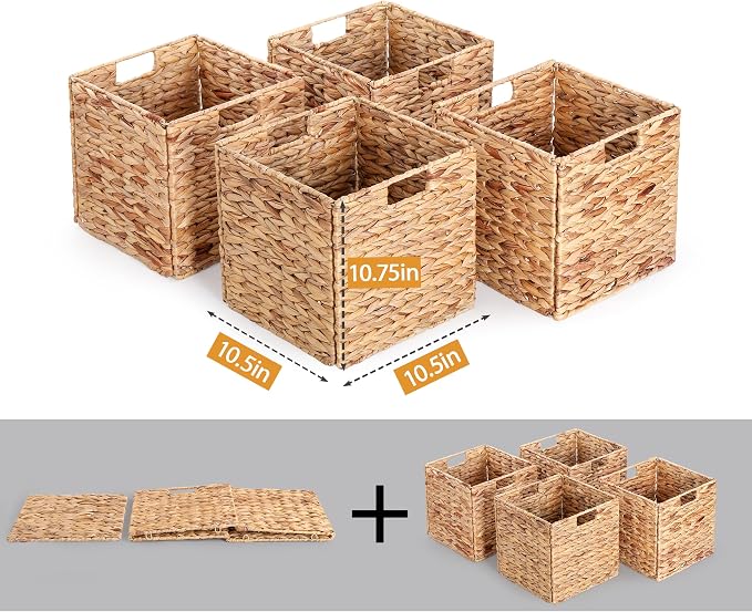10.5 x 10.5in Wicker Storage Baskets, Cube Foldable Water Hyacinth Storage - Image 3