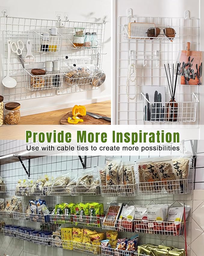 White Wall Grid Panel Hanging Wire Basket, 6 Pack | Wall Baskets - Image 4