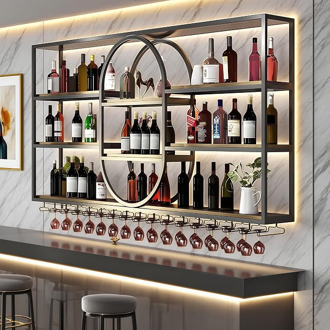 71IN Large Wall Mount Wine Rack, Metal 4 Tier Hanging Bottle Holder by FKKPRVAX