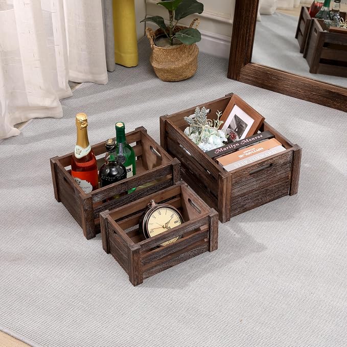 Set of 3 Nesting Wooden Crates, Small Rustic Farmhouse Wood Storage Boxes - Image 4