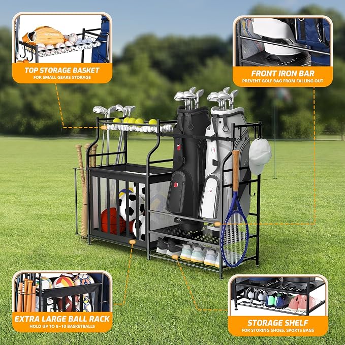 PLKOW Sports Equipment Organizer Rack, Garage Ball Rack, 2 Golf Bag Storage and - Image 2