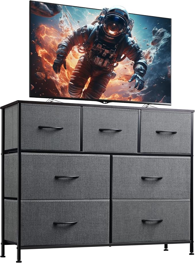 WLIVE Dresser for Bedroom, 7 Drawers, TV Stand, Dark Grey | 7 roomy fabric by WLIVE