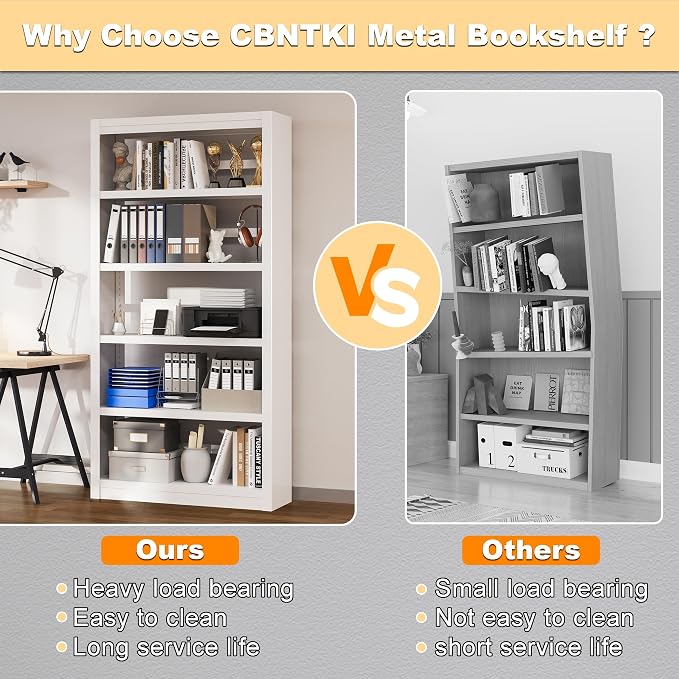 5 Tier Metal Bookcase, Sturdy Modern Heavy Duty Display Bookcases - Image 4