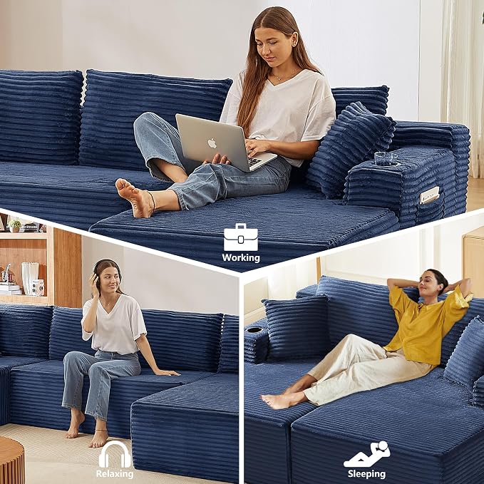 GNIXUU 133.5" Blue U Shaped Boneless Sectional Couch - Image 6