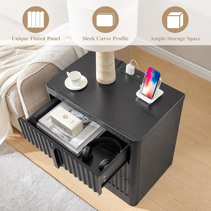 Black 23.6" Nightstand with Charging Station, Side Table with 3 Storage Drawers - Image 3