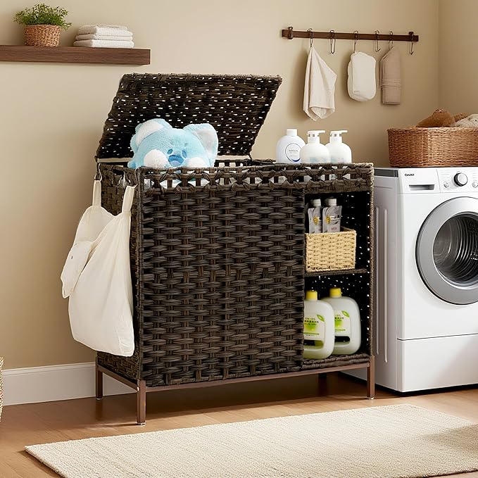 Laundry Hamper with Lid, 110L Rattan Laundry Hamper 2 Section with 50L Storage by Gitelnour