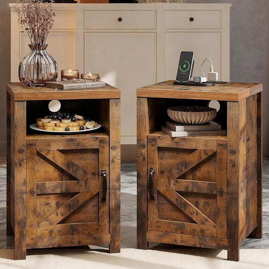 Farmhouse Nightstand with Charging Station, Couch Side Table Set of 2, Bedside by Unknown