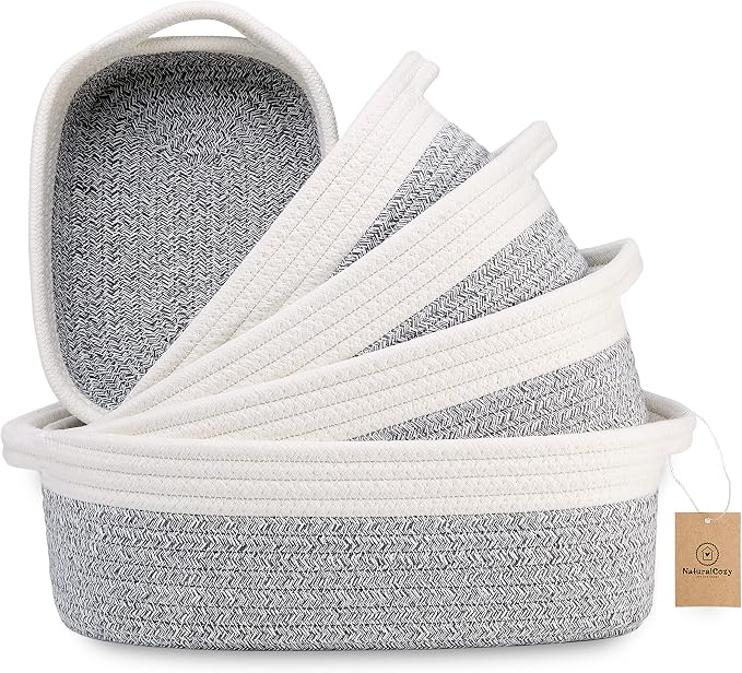 NaturalCozy 5-Piece Rectangle Storage Basket Set- Natural Cotton Rope Woven by NaturalCozy