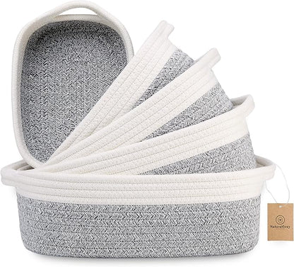 NaturalCozy 5-Piece Rectangle Storage Basket Set- Natural Cotton Rope Woven by NaturalCozy