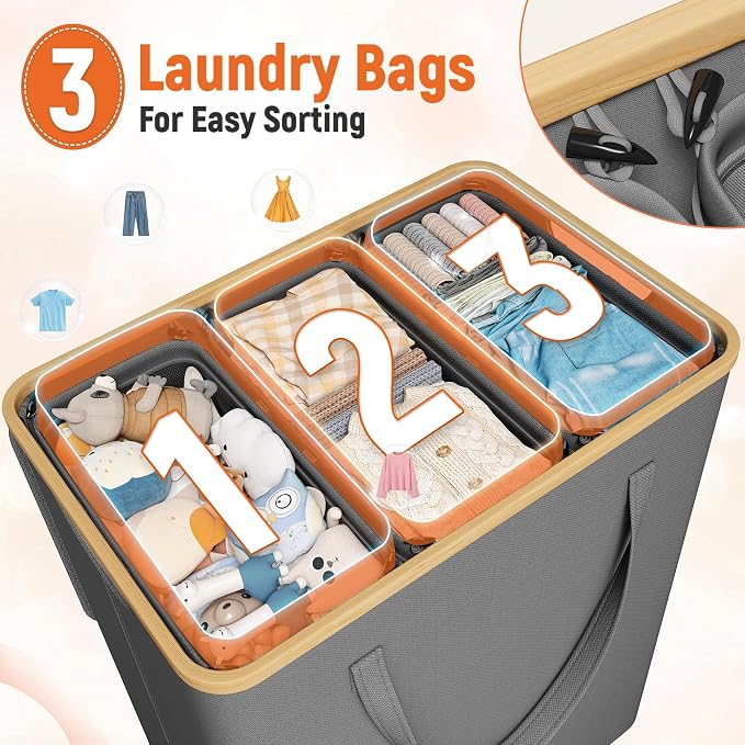 170L Laundry Hamper with Lid 3 Section, Extra Large Laundry Basket with 3 - Image 3