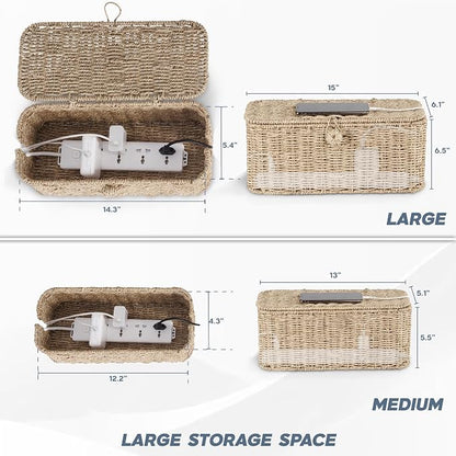 2-Pack Large Cable Management Box, Natural Rattan Cable Cord Organizer Boxes - Image 4