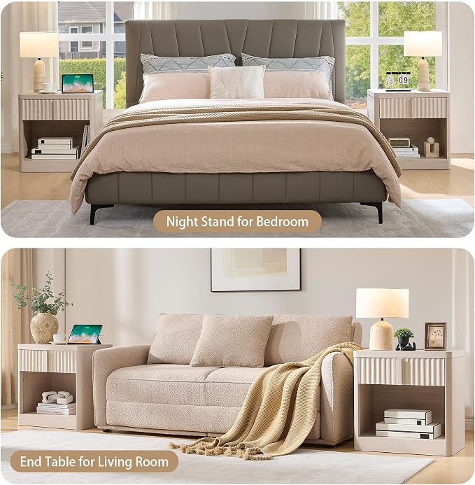 Fluted Nightstand with Charging Station, 23.6" End Table with Open Shelf and - Image 6