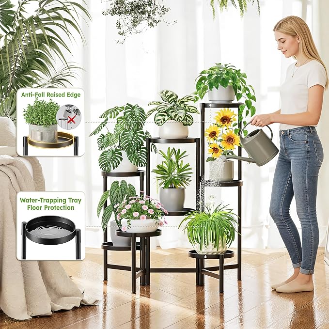 Black Stand Plants, Metal Tiered Plant Stands Indoor, 8 Tier Corner Flodable - Image 5