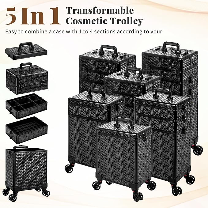 AROUS 5 in 1 Rolling Makeup Train Case Cosmetology Case on Wheels Large - Image 3