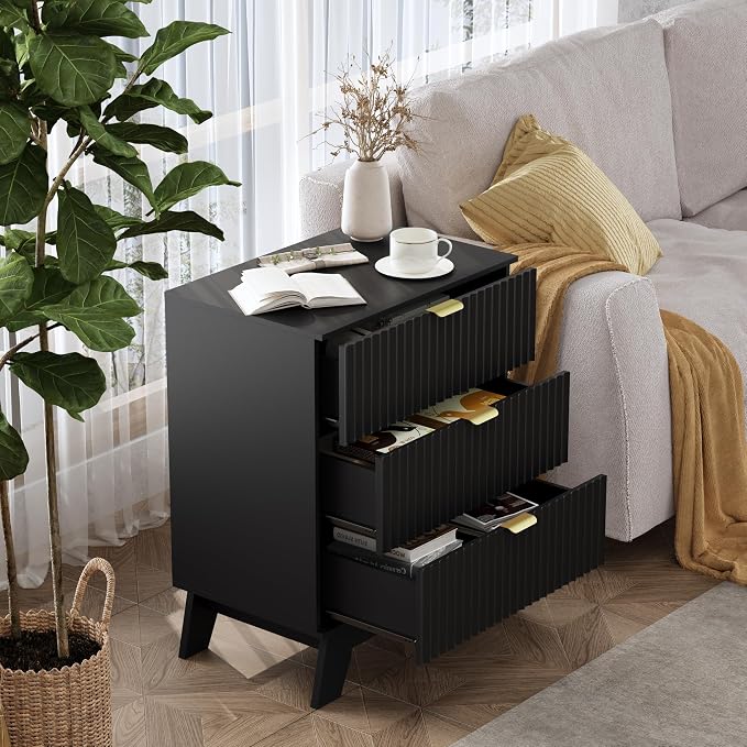 Black Night Stand with 3 Drawers, Bedside Table & End Table, Farmhouse Night - Image 3
