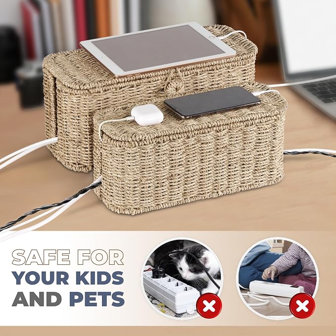 2-Pack Large Cable Management Box, Natural Rattan Cable Cord Organizer Boxes - Image 5
