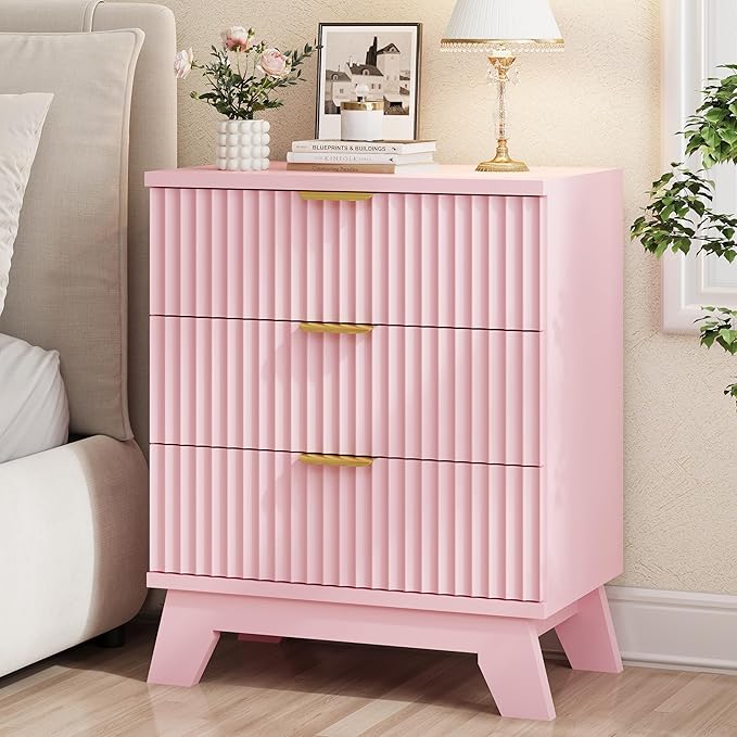Fluted Nightstand, Mid Century Modern Wood Night Stand by Xixini