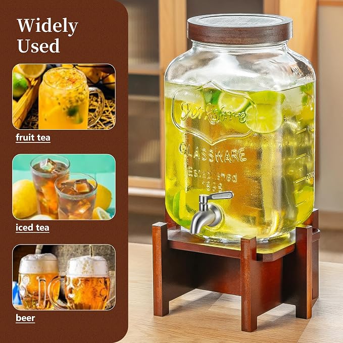 Drink Dispenser with Acacia Wood Stand and Lid, 2 Gallon Glass Beverage - Image 7