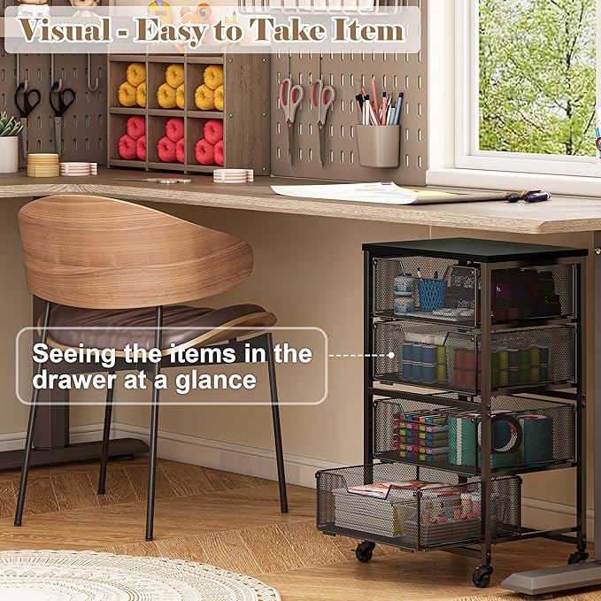 Rolling Cart with Drawers, 4-Drawer Storage Cart on Wheels with Wooden Top - Image 6