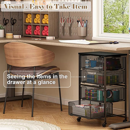 Rolling Cart with Drawers, 4-Drawer Storage Cart on Wheels with Wooden Top - Image 6