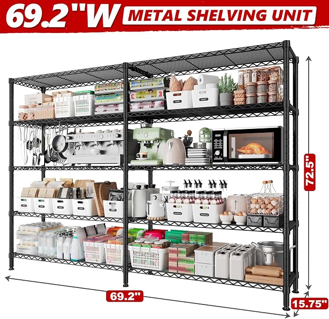 REIBII 70" W Storage Shelves Heavy Duty Load 1600LBS, Metal Shelving 5-Tier - Image 3