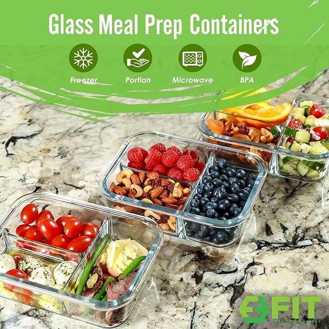 Glass Meal Prep Containers 3 Compartment, 3 Pack 32 oz Leakproof Lids Blue | - Image 2