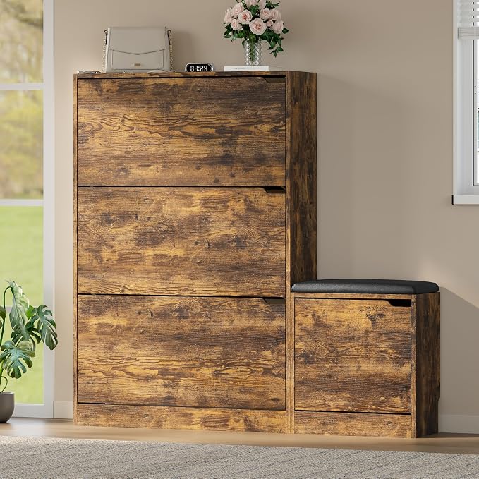 BORNOON Shoe Cabinet with Bench and 3 Flip Drawers, Slim Narrow Shoe Storage - Image 3
