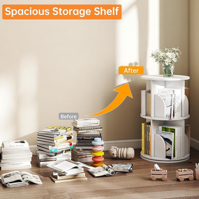 Rotating 2-Tier Bookshelf Tower, 360° Spinning Corner Bookcase - Image 5