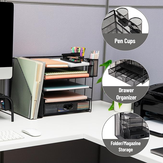 Mind Reader Mesh Desk Organizer, 4 Trays, 1 Drawer, File Holder, 2 Pen Cups - Image 4