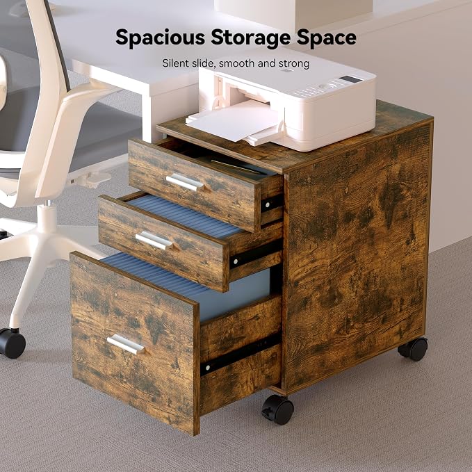 3-Drawer Mobile File Cabinet, Rustic Brown Finish - Image 4