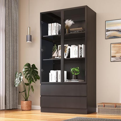 Wooden Display Cabinet with Glass Doors & 2 Drawers, LED Lights Glass Display - Image 9