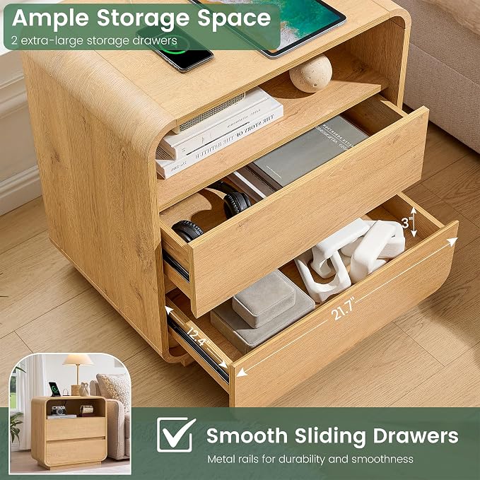 Modern Nightstand Set of 2, 23.2" Large Wood Bedside Table - Image 5
