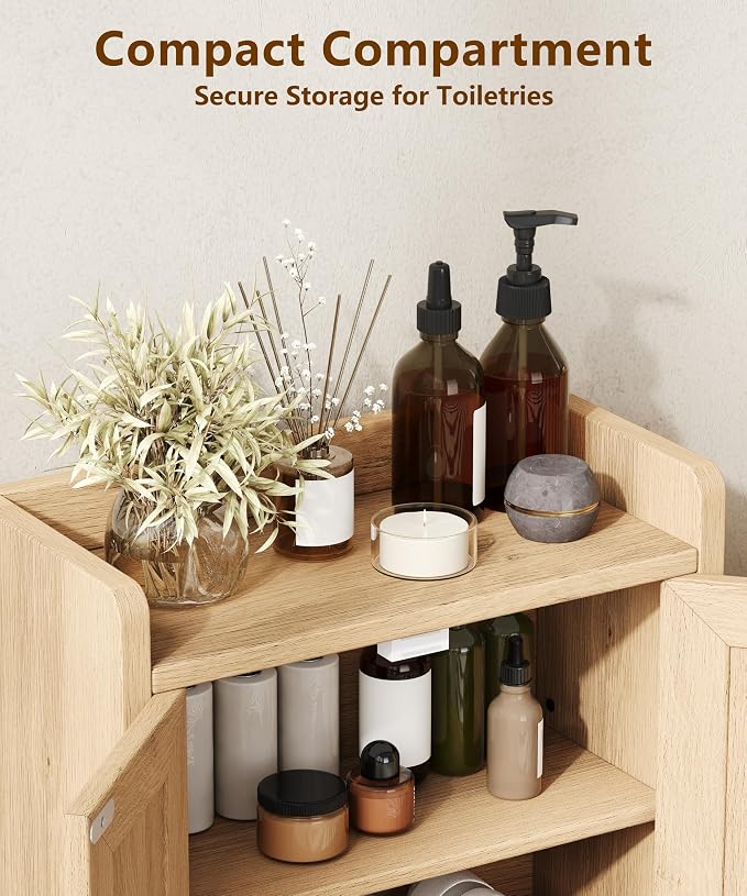 Akxomel 15" Rattan Small Bathroom Cabinet 4 Doors Adjustable Shelf Oak | - Image 6
