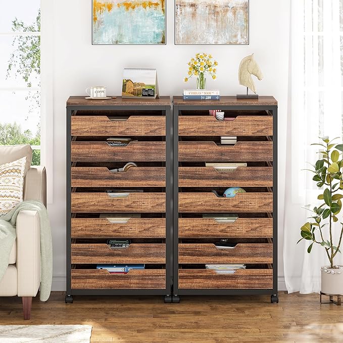 Tribesigns 7-Drawer File Cabinet, Wood Mobile Storage Drawer, Rustic Brown | - Image 4